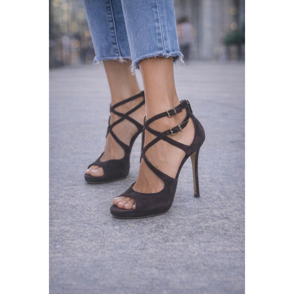 Jimmy Choo Suede Sandals Womens 8.5 Black Fair Strappy Platform Heels IT 38.5